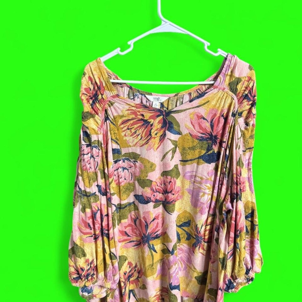 Terra & Sky Pink Floral Boho Blouse 3X 24W 26W Plus Size Crinkle Top